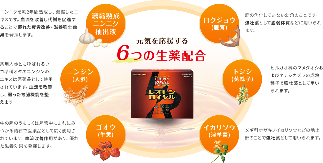 元気を応援する6つの生薬配合 濃縮熟成ニンニク抽出液 ニンジン（人参）ゴオウ（牛黄） ロクジョウ(鹿茸) トシシ(莬絲子) イカリソウ(淫羊藿)